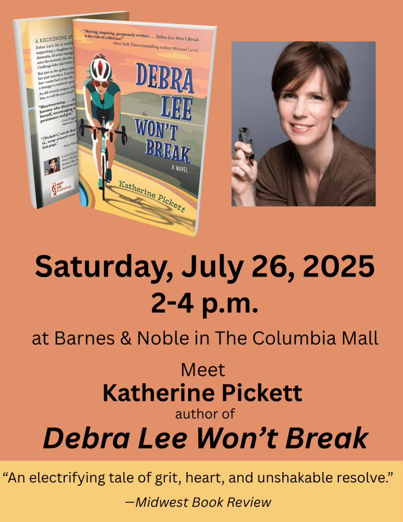 Flyer for an even with Katherine Pickett, author of Debra Lee Won't Break. On the left is the cover of the novel. On the right is a picture of a 47-year-old white woman with short brown hair wearing a brown shirt and holding a pair of glasses