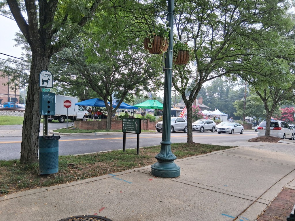 The view of the farmer's market from the table across the street